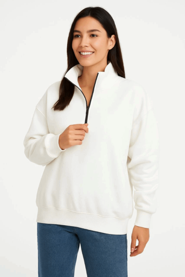 Üç İplik Dık Yaka Yarım Fermuarlı SweatShirt - Beyaz