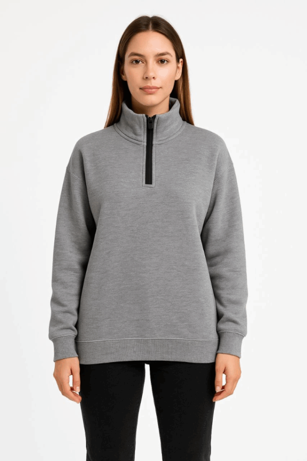Üç İplik Dık Yaka Yarım Fermuarlı SweatShirt - Gri