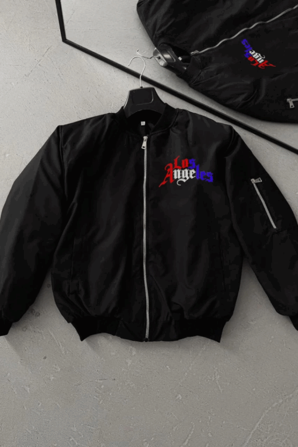 Tam Fermuarlı Uzun Kol Baskılı Bomber Ceket - Siyah