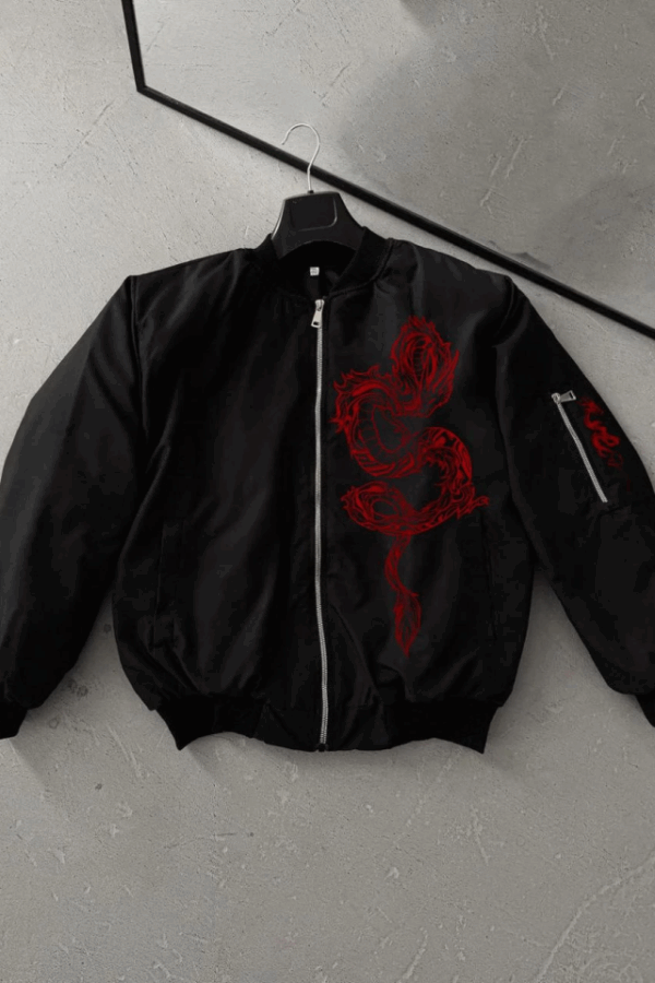 Tam Fermuarlı Uzun Kol Baskılı Bomber Ceket - Siyah