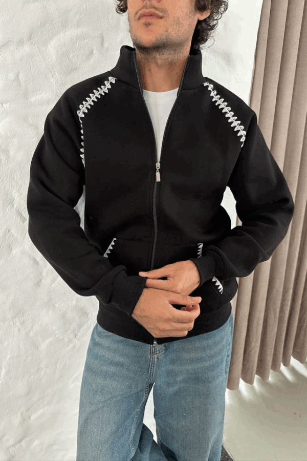 Erkek Oversize Dik Yaka Fermuarlı Sweatshirt - Zincir Nakışli Kanguru Cepli - Siyah
