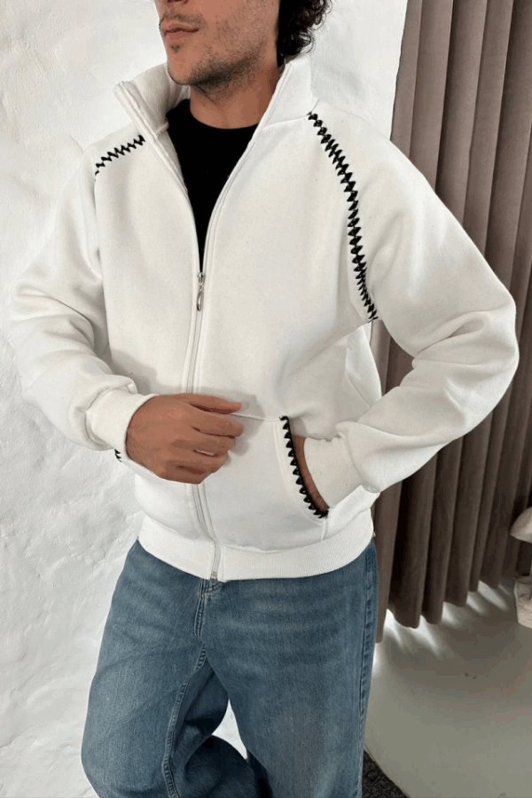 Erkek Oversize Dik Yaka Fermuarlı Sweatshirt - Zincir Nakışli Kanguru Cepli - Beyaz