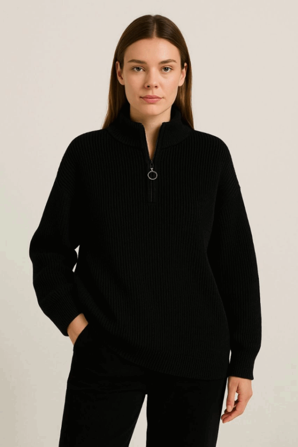 KADIN Yarım Fermuarlı Triko Kazak – Selanik Örgü, Dik Yaka, Pamuklu Dokuma, Oversize Uzun Kollu Kışlık Model - Siyah