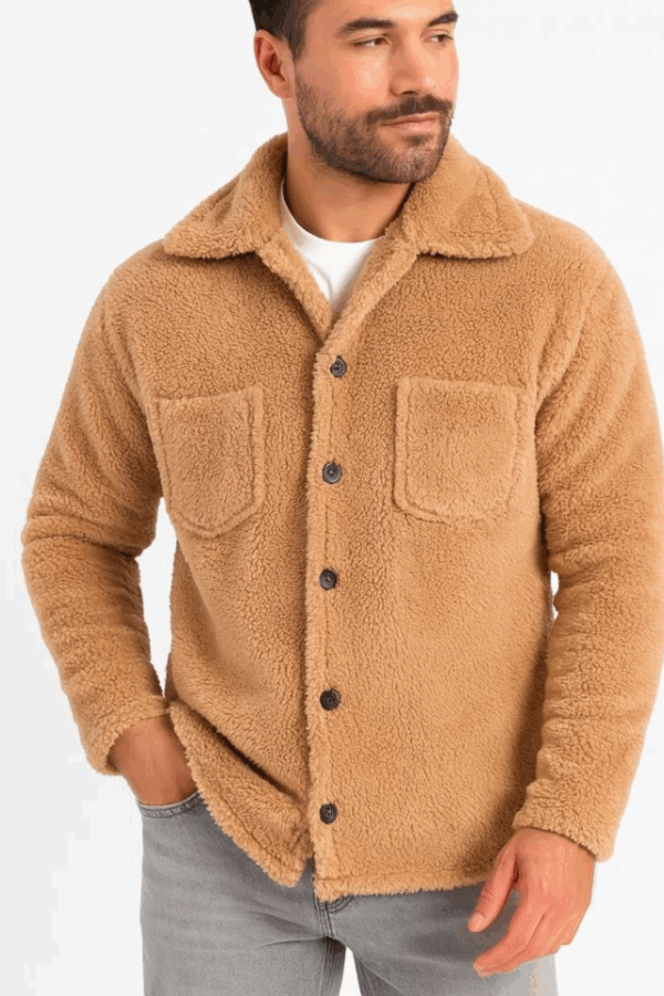 Erkek Pelüş Polar Hırka Gömlek – Yakalı, İlik Düğmeli, Göğüs Cepli, Yumuşak Dokulu Kışlık Regular Fit Rahat Günlük Model - Açık Kahve