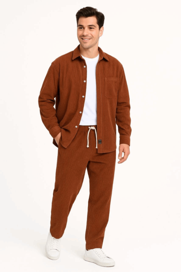 Erkek Kadife Oversize Takım – Gömlek Ve Pantolon İkili Set Füme Corduroy Şıklığı, Rahat Ve Zarif Duruş Yumuşak Dokulu Kadife Kumaş, Düğmeli Gömlek Üst Ve Lastikli Pantolon Alt Parça Ile Gün Boyu Konfor- Kiremit