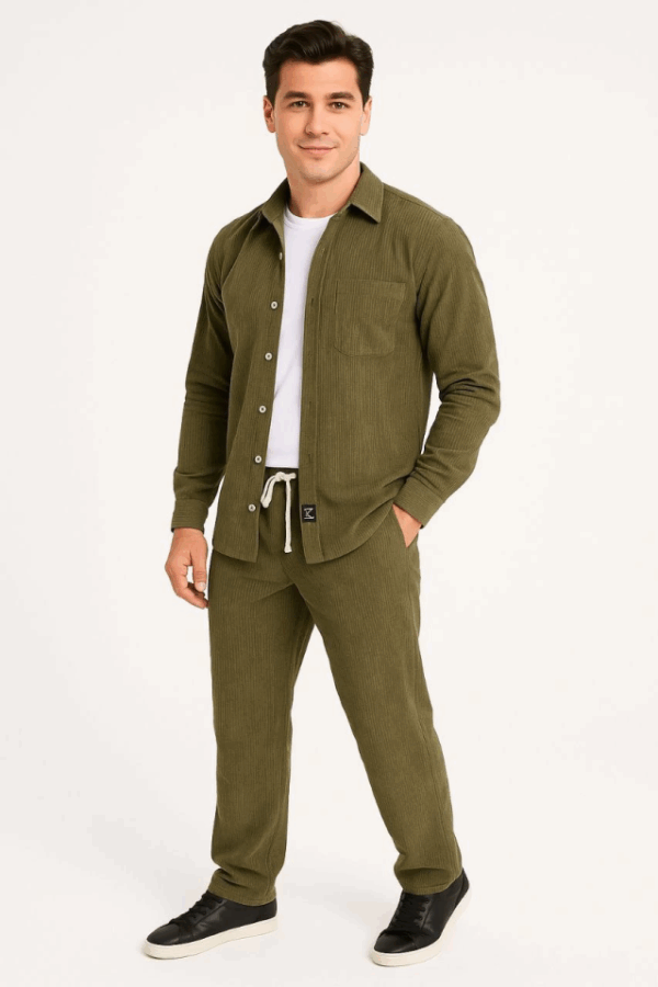 Erkek Kadife Oversize Takım – Gömlek Ve Pantolon İkili Set Füme Corduroy Şıklığı, Rahat Ve Zarif Duruş Yumuşak Dokulu Kadife Kumaş, Düğmeli Gömlek Üst Ve Lastikli Pantolon Alt Parça Ile Gün Boyu Konfor- Haki