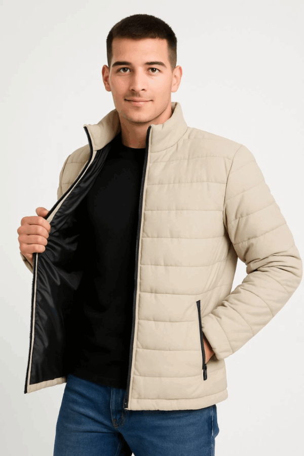 Erkek Bomber Mont Ceket – Su İtici Kumaş, Kapitone Astarlı, Fermuarlı, Kışlık - Bej