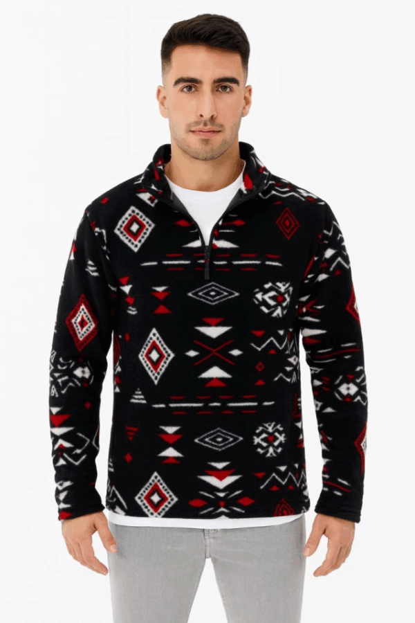 Erkek Yarım Fermuarlı Desenli Polar Sweat Tribal Etnik Desen Yakalı, Uzun Kollu, Oversize Rahat Kalıp, - Siyah