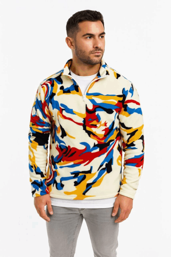 Erkek Yarım Fermuarlı Desenli Polar Sweat – Renkli Abstract Desen Yakalı, Uzun Kollu, Oversize Rahat Kalıp,- Beyaz