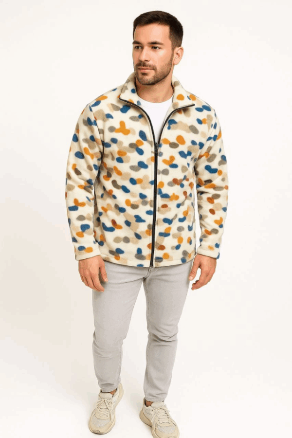 Erkek Tam Fermuarlı Desenli Polar Sweat – Siyah Multicolor Figür Desen Yakalı, Uzun Kollu, Oversize Rahat Kalıp- Beyaz