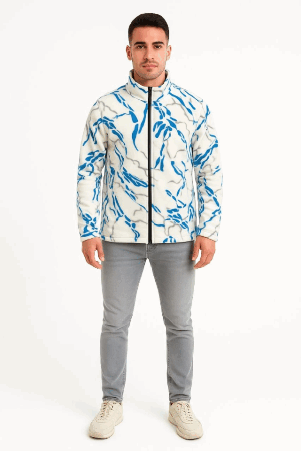 Erkek Tam Fermuarlı Desenli Polar SweatLightning Desen Yakalı, Uzun Kollu, Oversize Rahat Kalıp - Beyaz