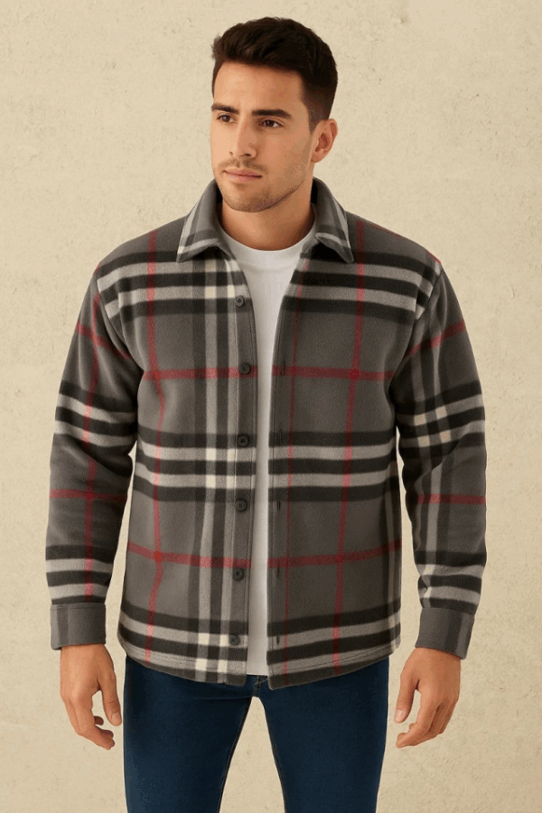 Erkek Ekose Desenli Düğmeli Polar Yakalı Uzun Kollu Gömlek Oversize Rahat Kalıp - Füme