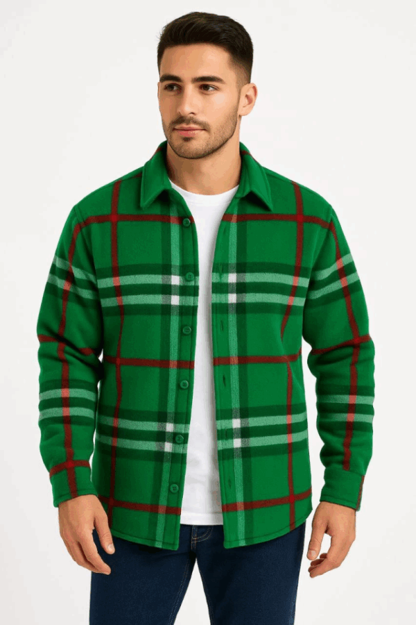 Erkek Ekose Desenli Düğmeli Polar Yakalı Uzun Kollu Gömlek Oversize Rahat Kalıp - Yeşil