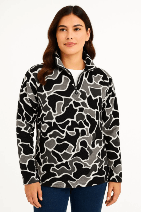 KADIN Yarım Fermuarlı Desenli Polar Sweat Yakalı, Uzun Kollu, Oversize Rahat Kalıp - Siyah