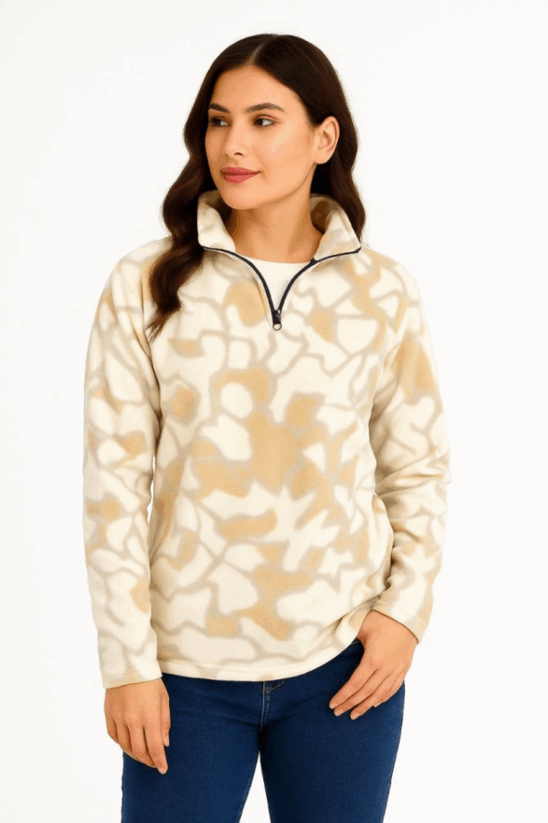 KADIN Yarım Fermuarlı Desenli Polar Sweat Yakalı, Uzun Kollu, Oversize Rahat Kalıp - Bej