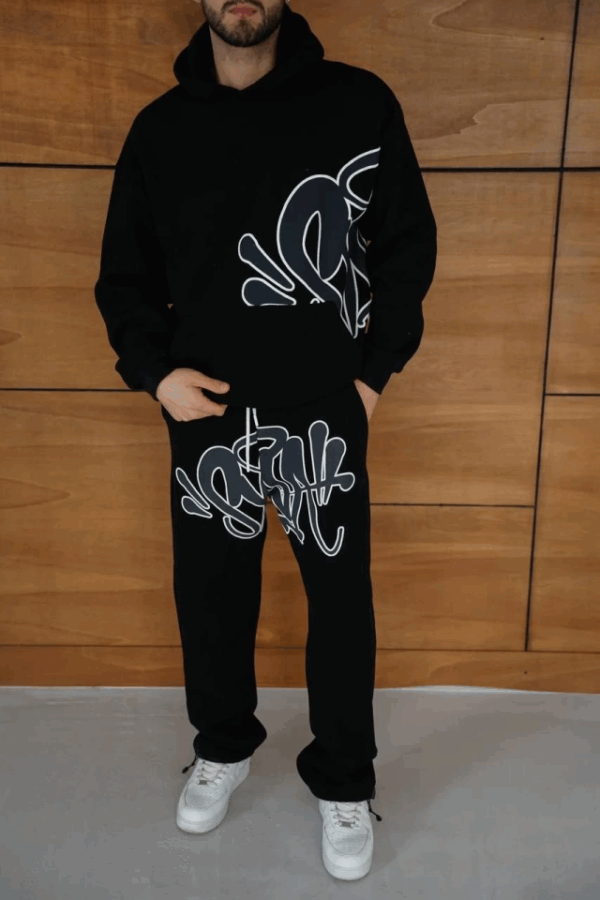 Erkek Kapüşonlu Eşofman Takım Graffiti Baskılı Oversize Rahat Kalıp, Kanguru Cepli, Streetwear Tarzında Premium Ürün 3 Iplik Pamuklu - Siyah