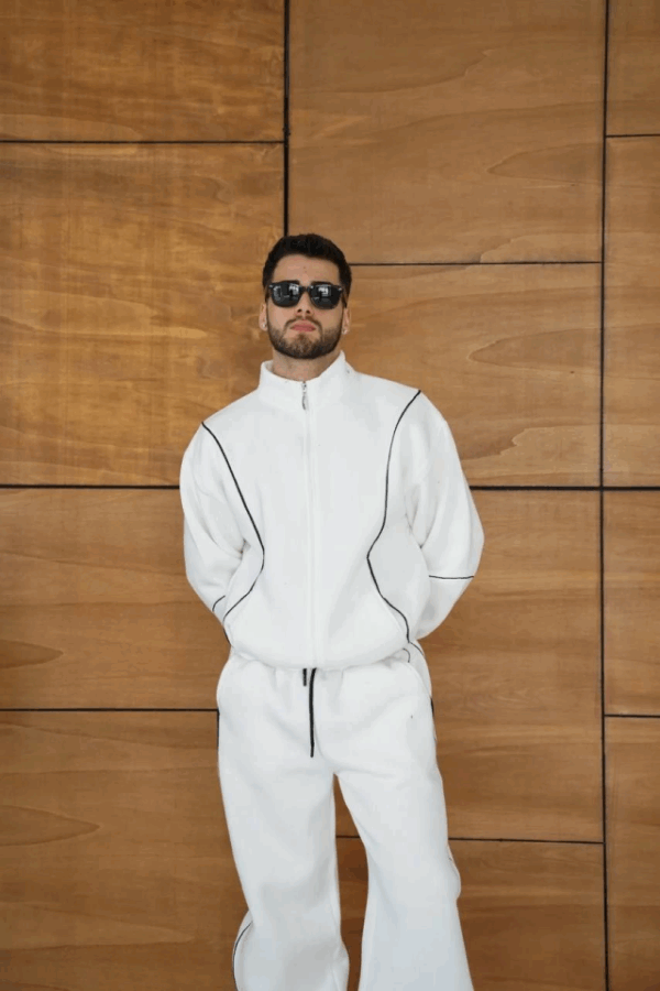 Erkek Premium Parçalı Eşofman Takım - Dik Yaka Fermuarlı Biyeli Sweatshirt Lastik Paça Alt, Oversize 3 Iplik Şardonlu - Beyaz