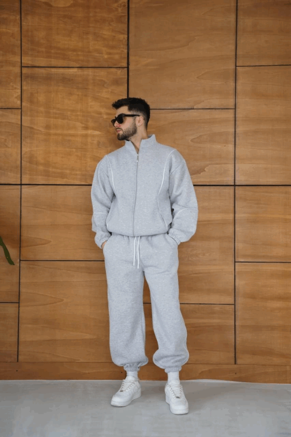 Erkek Premium Parçalı Eşofman Takım - Dik Yaka Fermuarlı Biyeli Sweatshirt Lastik Paça Alt, Oversize 3 Iplik Şardonlu - Gri
