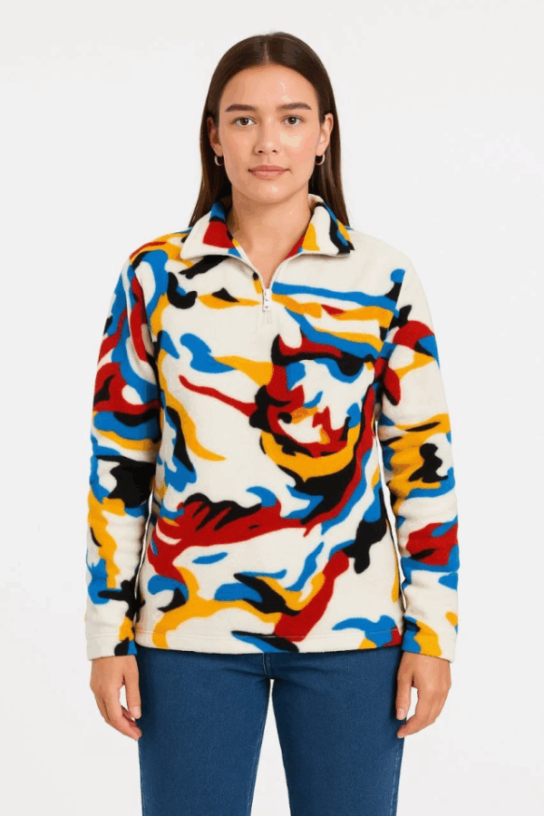 Yarım Fermuarlı Desenli Polar Sweat – Renkli Abstract Desen Yakalı, Uzun Kollu, Oversize Rahat Kalıp - Beyaz