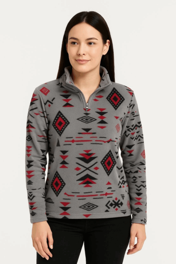 Yarım Fermuarlı Desenli Polar Sweat Tribal Etnik Desen Yakalı, Uzun Kollu, Oversize Rahat Kalıp - Füme