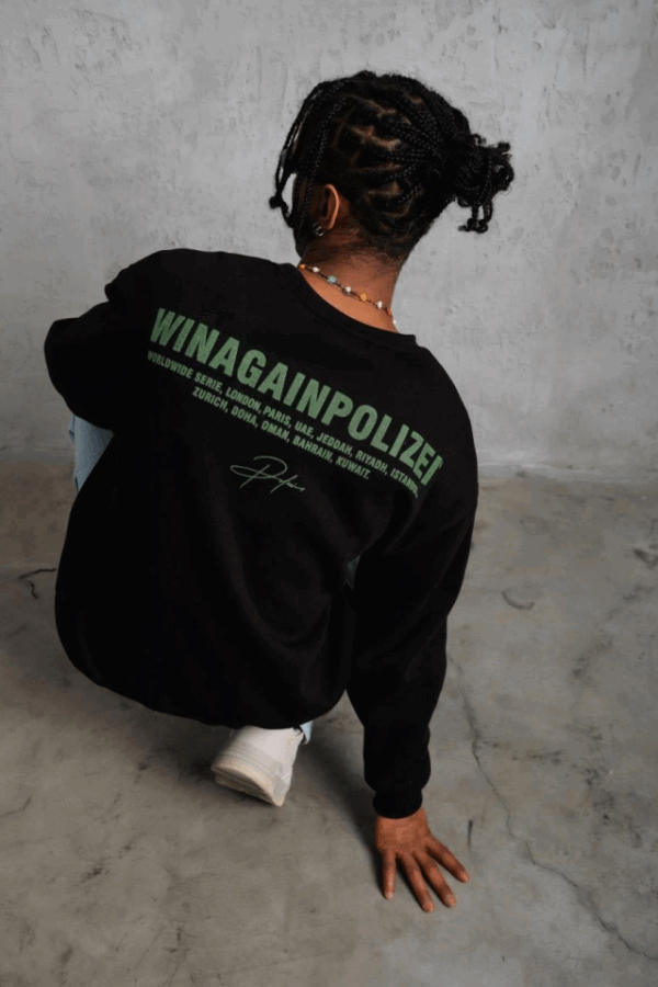 Erkek Oversize Sweatshirt – Siyah Renk  Ön Ve Sırt Baskılı, Üç İplik İçi Pamuklu Kumaş, Rahat Kalıp, Ribanalı Kışlık Sweat  Winagain Polizei Serisi - Siyah