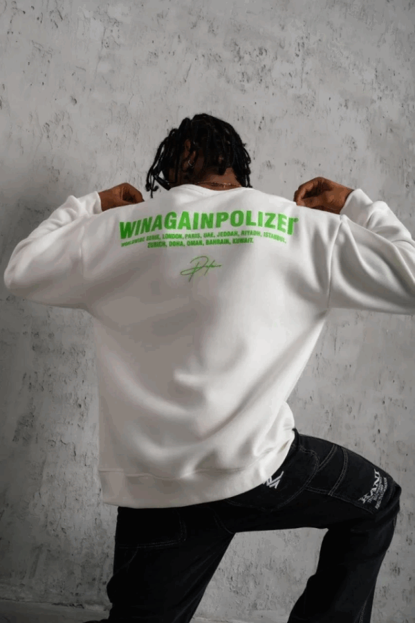 Erkek Oversize Sweatshirt – Beyaz Renk  Ön Ve Sırt Baskılı, Üç İplik İçi Pamuklu Kumaş, Rahat Kalıp, Ribanalı Kışlık Sweat  Winagain Polizei Serisi - Beyaz