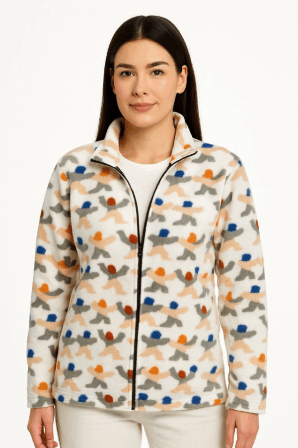 Tam Fermuarlı Desenli Polar Sweat – Siyah Multicolor Figür Desen Yakalı, Uzun Kollu, Oversize Rahat Kalıp - Beyaz