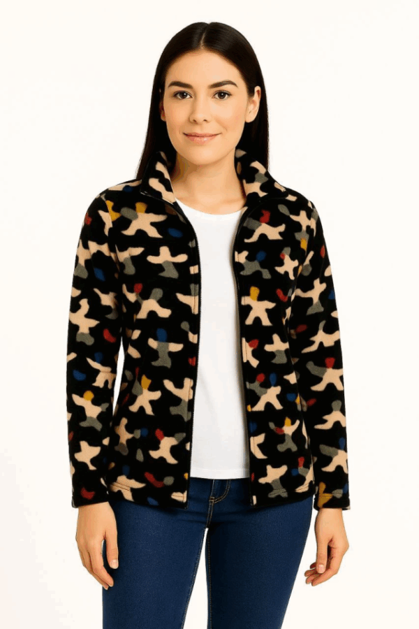 Tam Fermuarlı Desenli Polar Sweat – Siyah Multicolor Figür Desen Yakalı, Uzun Kollu, Oversize Rahat Kalıp - Siyah