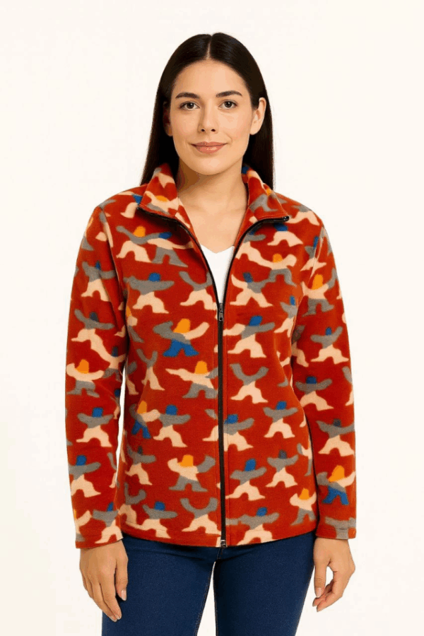 Tam Fermuarlı Desenli Polar Sweat – Siyah Multicolor Figür Desen Yakalı, Uzun Kollu, Oversize Rahat Kalıp - Kiremit