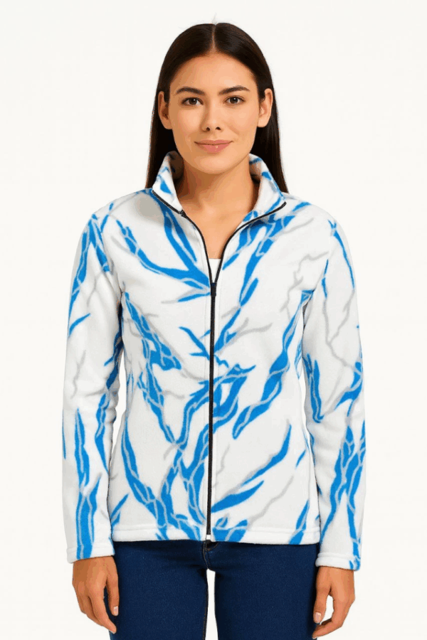 Tam Fermuarlı Desenli Polar Sweat Lightning Desen Yakalı, Uzun Kollu, Oversize Rahat Kalıp - Beyaz