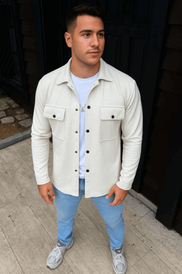 Erkek Diagonal Kumaş Cepli Çıtçıtlı Uzun Kollu, Gömlek Oversize Rahat Kalıp Günlük Şık Stil - Beyaz