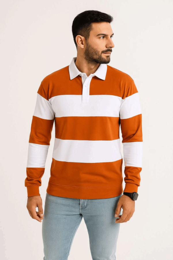 Erkek Polo Yaka Uzun Kollu Çizgili Sweatshirt Trend Rugby Stil - Turuncu