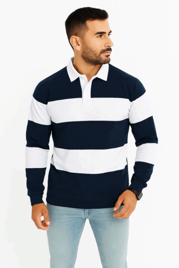 Erkek Polo Yaka Uzun Kollu Çizgili Sweatshirt Trend Rugby Stil - Lacivert