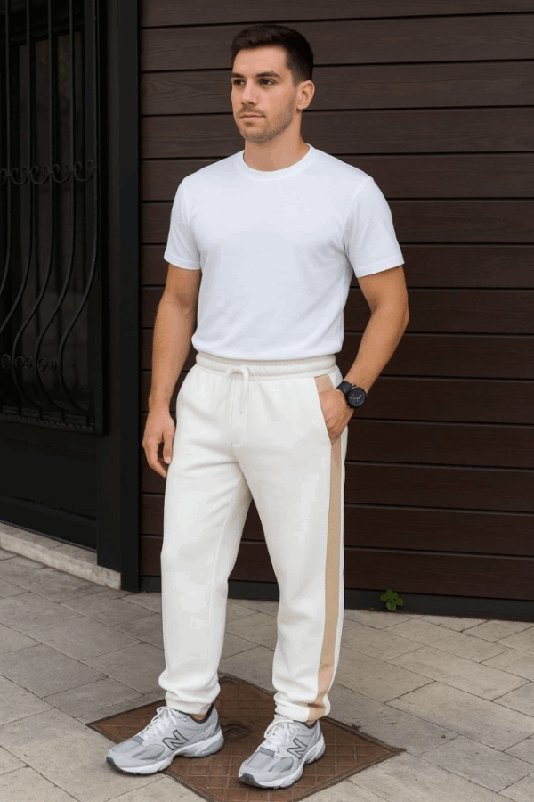 Erkek Üç İplik Kışlık Pamuklu Yandan Garneli Kalın Bej Şeritli Cepli Eşofman Altı - Beyaz