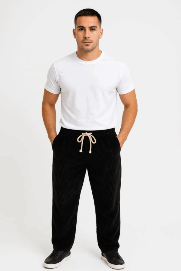 Erkek Fitilli Kadife Cepli Buggy Pantolon Oversize Rahat Kalıp - Siyah