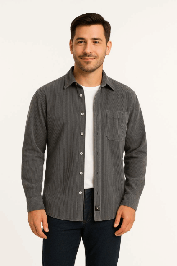 Erkek Fitilli Kadife Cepli Gömlek Oversize Rahat Kalıp - Füme