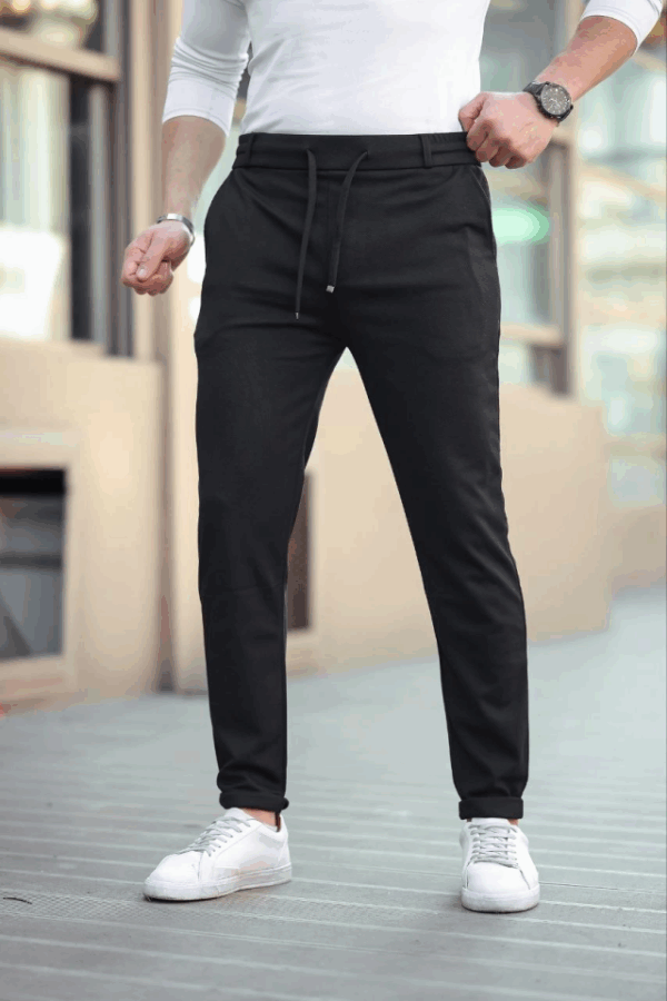 Erkek Diagonel Mikro Dokulu Cepli Beli Lastilki Pantolon - Siyah