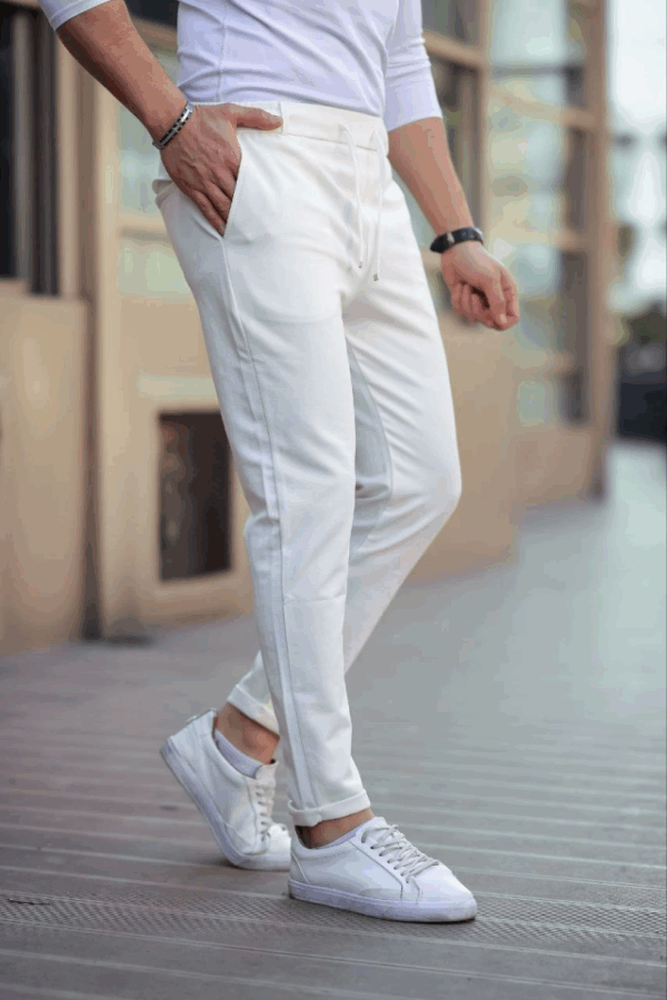 Erkek Diagonel Mikro Dokulu Cepli Beli Lastilki Pantolon - Beyaz