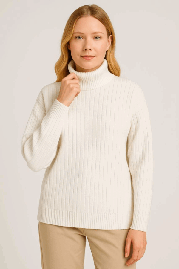 Balıkcı Yaka Bağazlı Triko Kazak Pamuklu Kalın Fitilli Dokuma - Beyaz