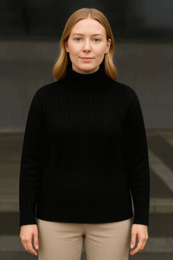 Balıkcı Yaka Bağazlı Triko Kazak Pamuklu Kalın Fitilli Dokuma - Siyah