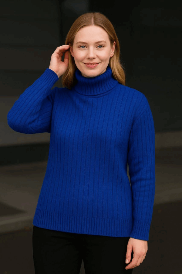 Balıkcı Yaka Bağazlı Triko Kazak Pamuklu Kalın Fitilli Dokuma - Saks Mavisi