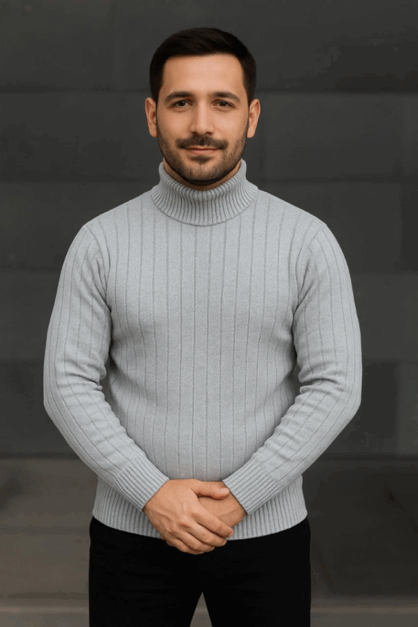 Erkek Balıkcı Yaka Bağazlı Triko Kazak Pamuklu Kalın Fitilli Dokuma, Regular Fit Uzun Kollu Kışlık Model - Gri