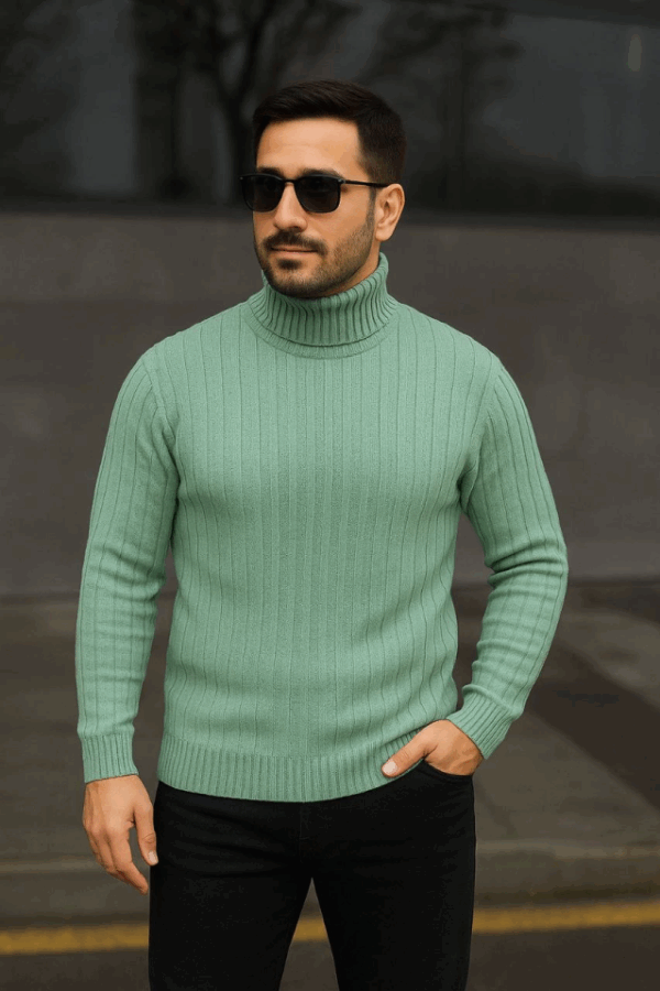 Erkek Balıkcı Yaka Bağazlı Triko Kazak Pamuklu Kalın Fitilli Dokuma, Regular Fit Uzun Kollu Kışlık Model - Mint Yeşili