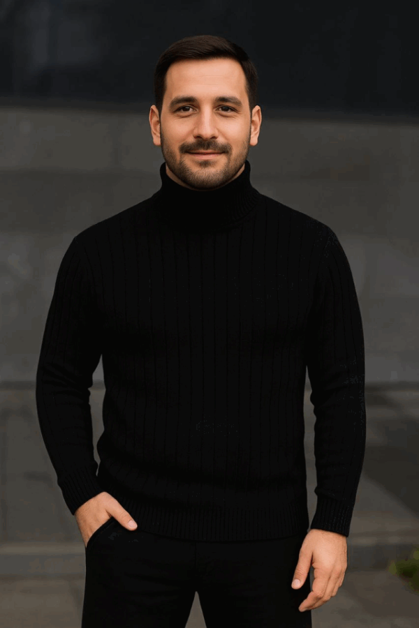 Erkek Balıkcı Yaka Bağazlı Triko Kazak Pamuklu Kalın Fitilli Dokuma, Regular Fit Uzun Kollu Kışlık Model - Siyah