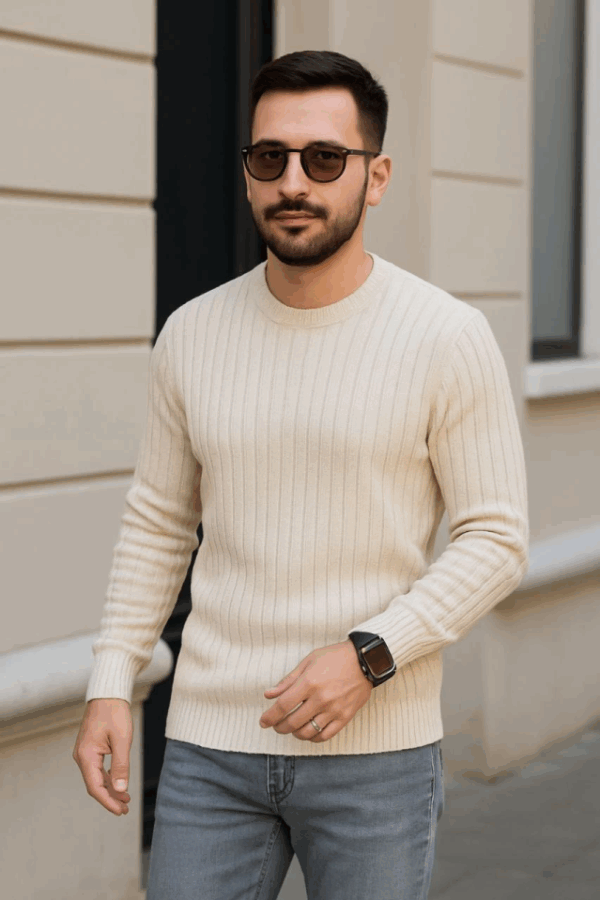 Erkek Bisiklet Yuvarlak Yaka Triko Kazak Pamuklu Kalın Fitilli Dokuma, Regular Fit Uzun Kollu Kışlık Model - Bej