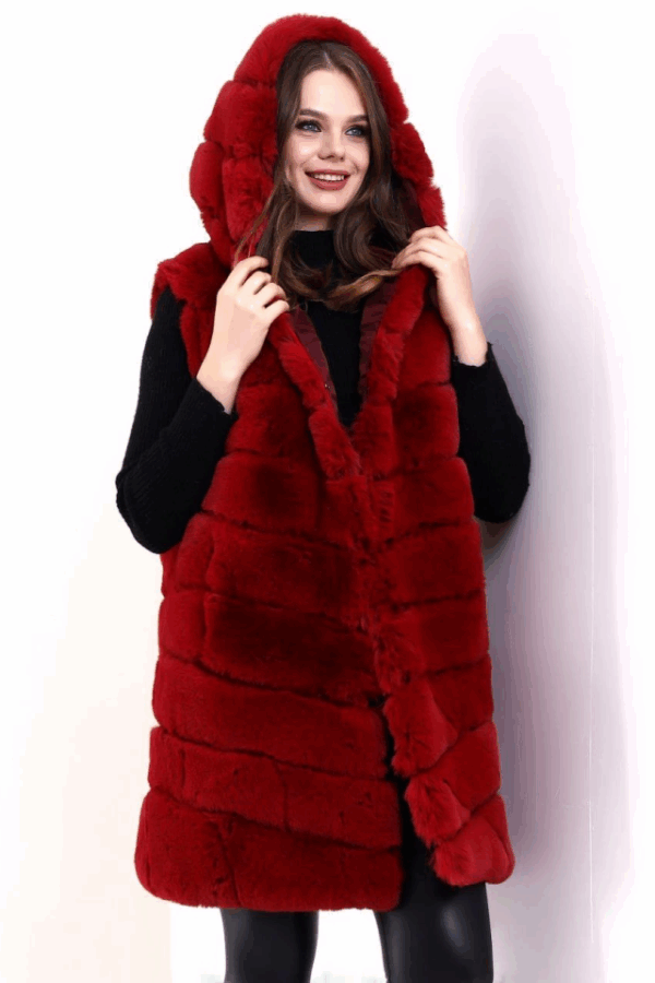 Kapşonlu Peluş Kürk Yelek Premium Kalite, Tam Astarlı, Uzun Model - Kırmızı