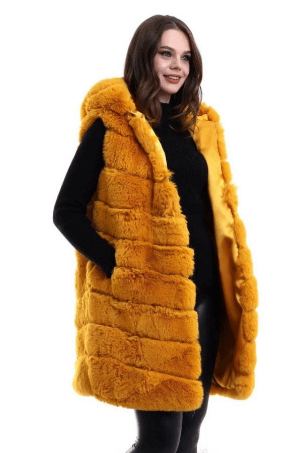 Kapşonlu Peluş Kürk Yelek Premium Kalite, Tam Astarlı, Uzun Model - Sarı