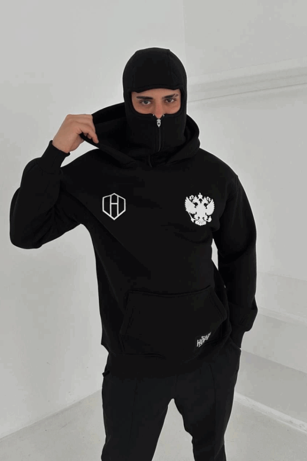 Samuray Ninja Çift Kapşonlu ZIP Fermuarlı Kanguru Çepli Tam Fermuarlı Hoodie ön Ve Arka Baskılı Maske Detaylı Swetshirt - Siyah