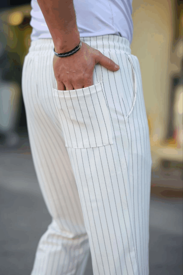 Erkek Cizgili Dokuma Krep Jogger Buggy Pantalon Rahat Kalıp - Beyaz