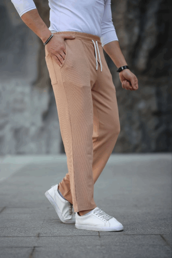 Erkek Paça Yırtmaçlı Burgu Selanik Dokulu Jogger Buggy Pantalon Rahat Kalıp - Kahverengi
